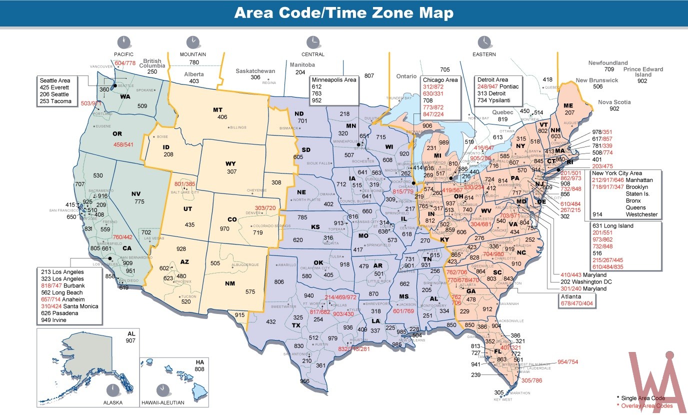 Area Codes Time Zones Map Of The Usa Whatsanswer