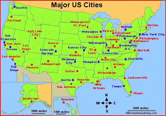 One Color Large Cities Map Of The Usa Whatsanswer