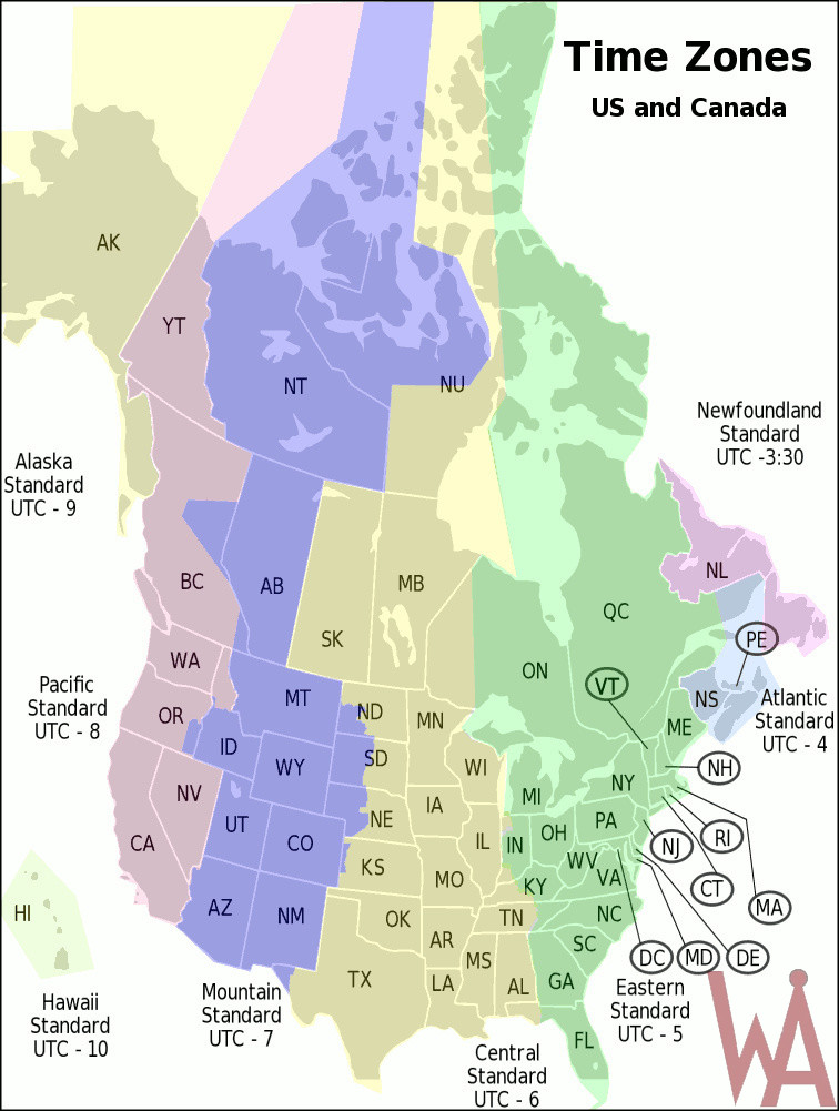 USA Canada Time Zone Map 