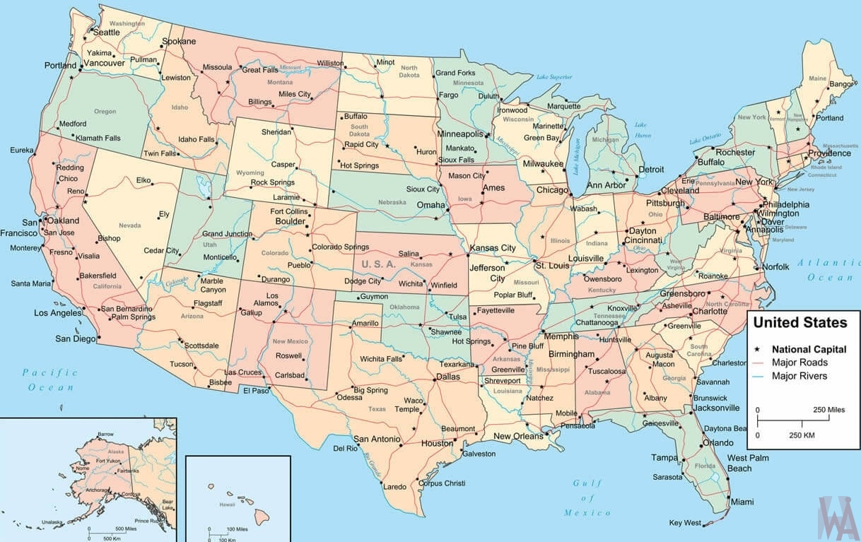Us Map With Cities And Rivers National Capital, States Capital, Major Cities, Roads And Rivers 