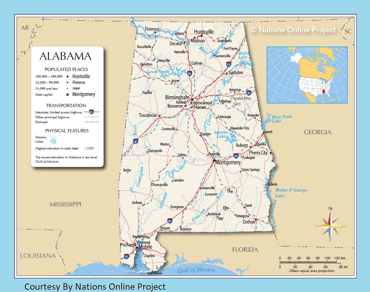 Alabama Transportation and physical map large printable