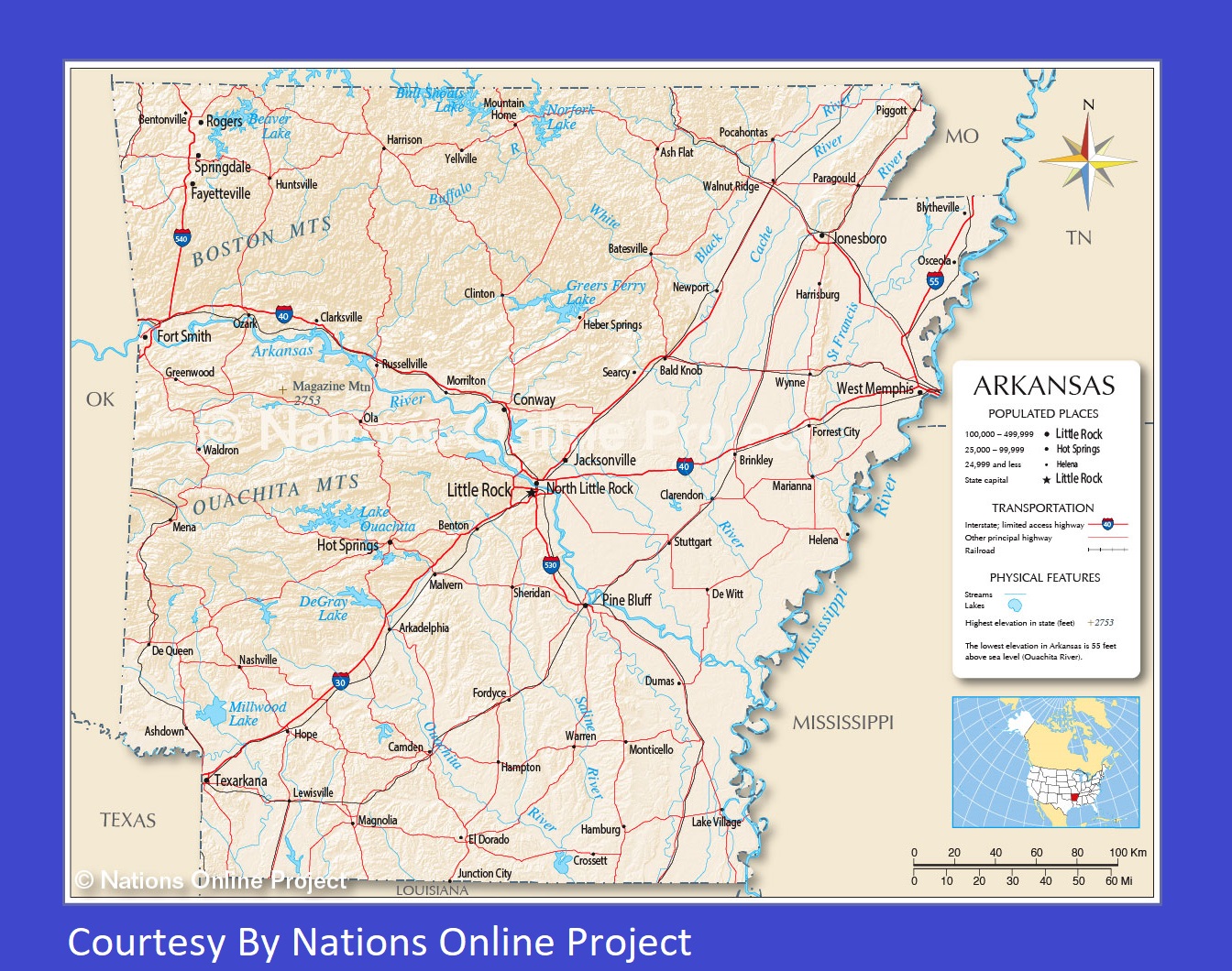 Arkansas Transportation and physical map large printable