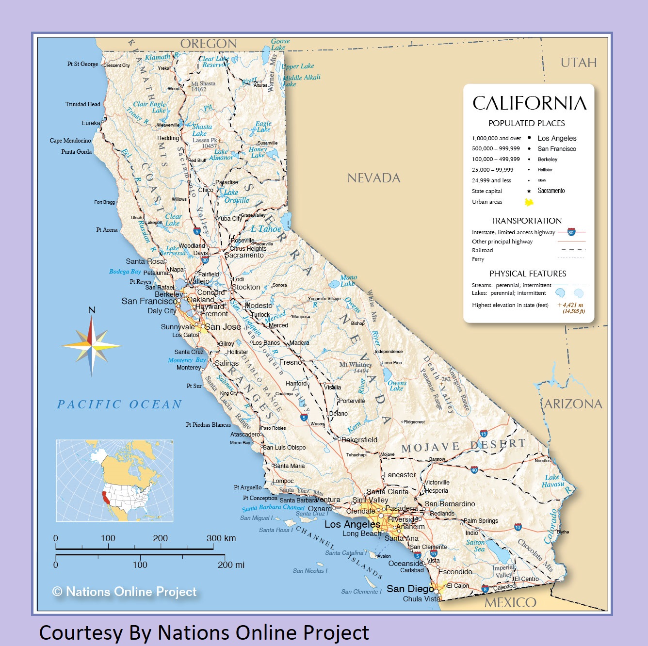 California Transportation and physical map large printable