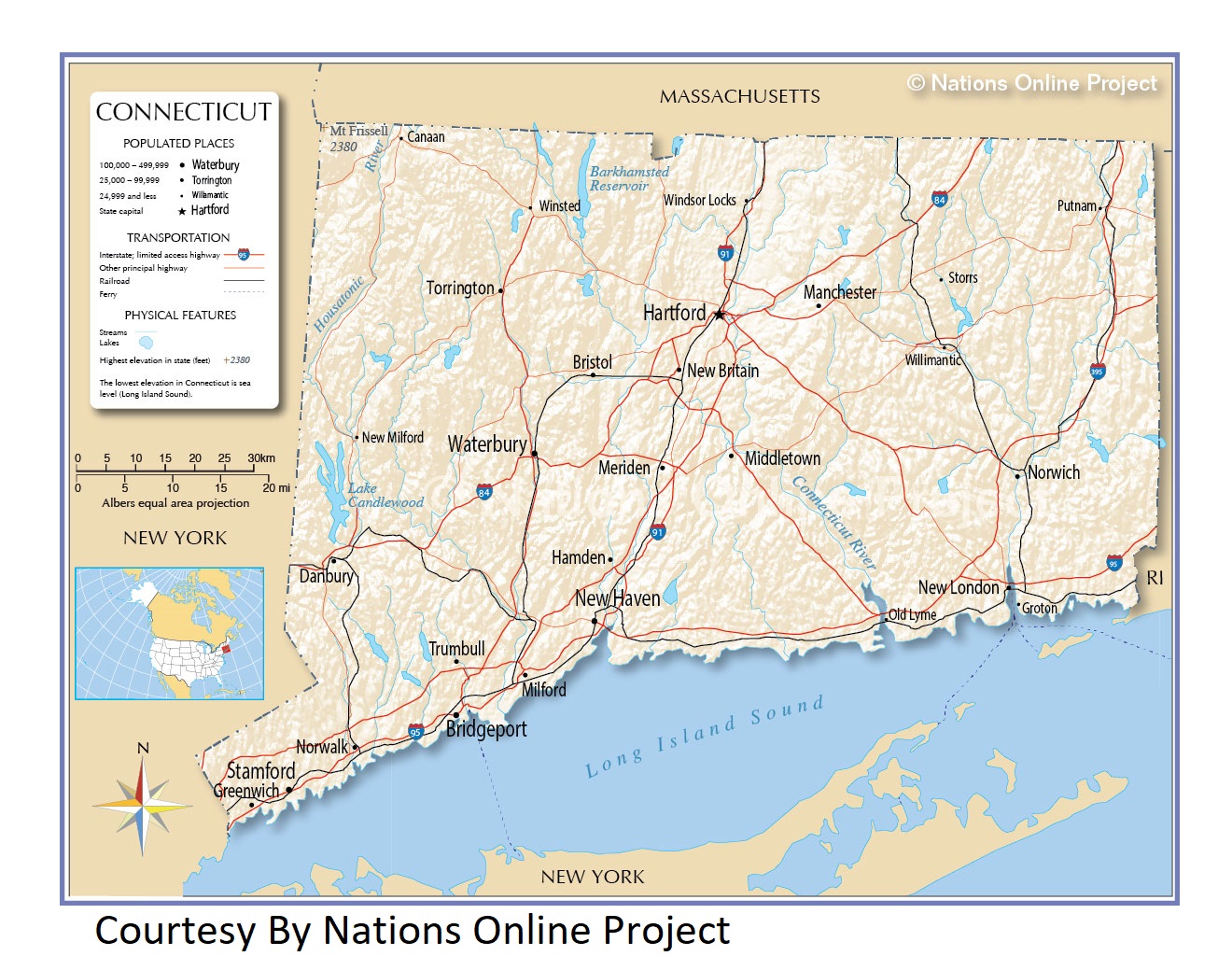 Connecticut  Transportation and physical map large printable