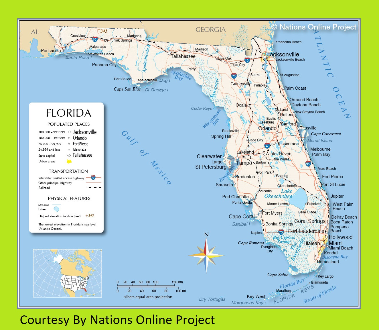 Transportation and Physical Map of Florida | Large, Printable Map
