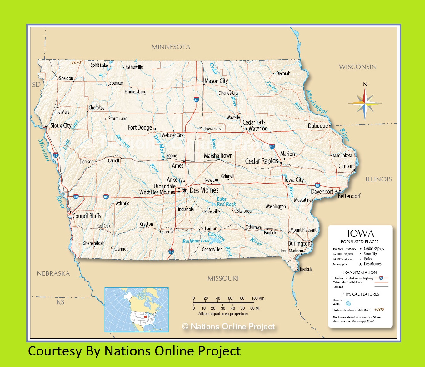 Iowa Transportation And Physical Map | Large Printable Map