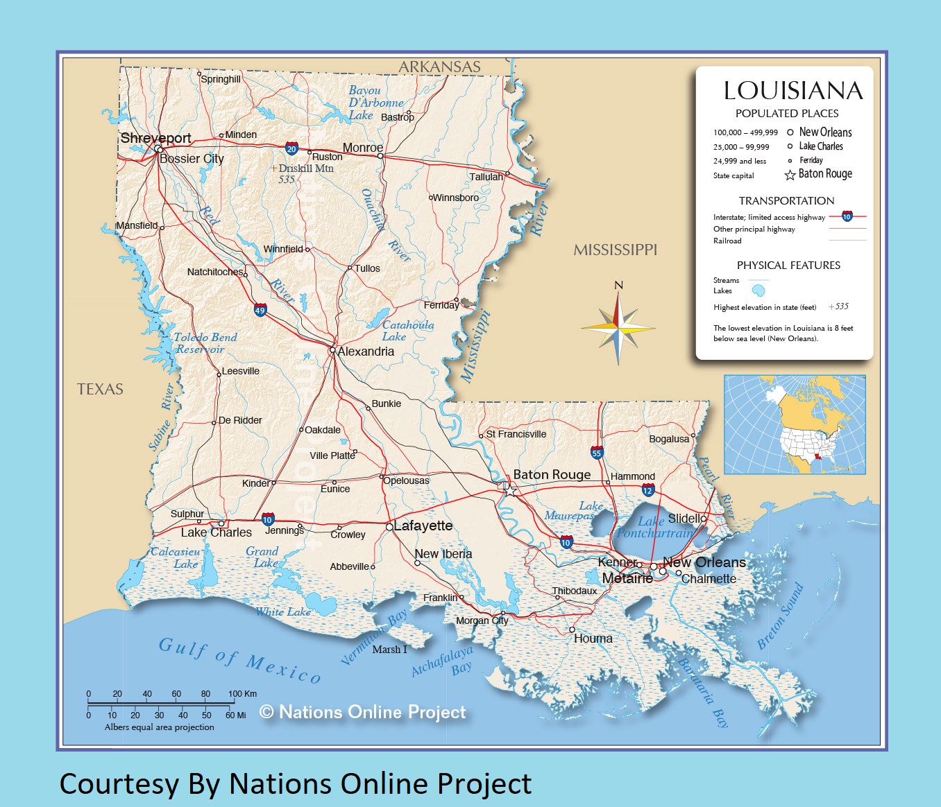 Louisiana Transportation and physical map large printable