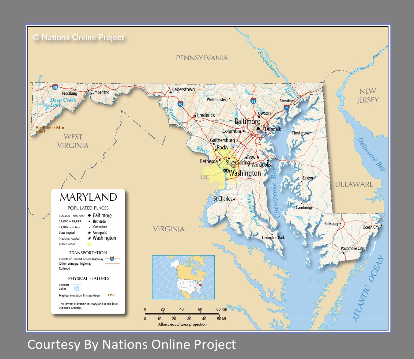 Maryland Transportation and physical map large printable