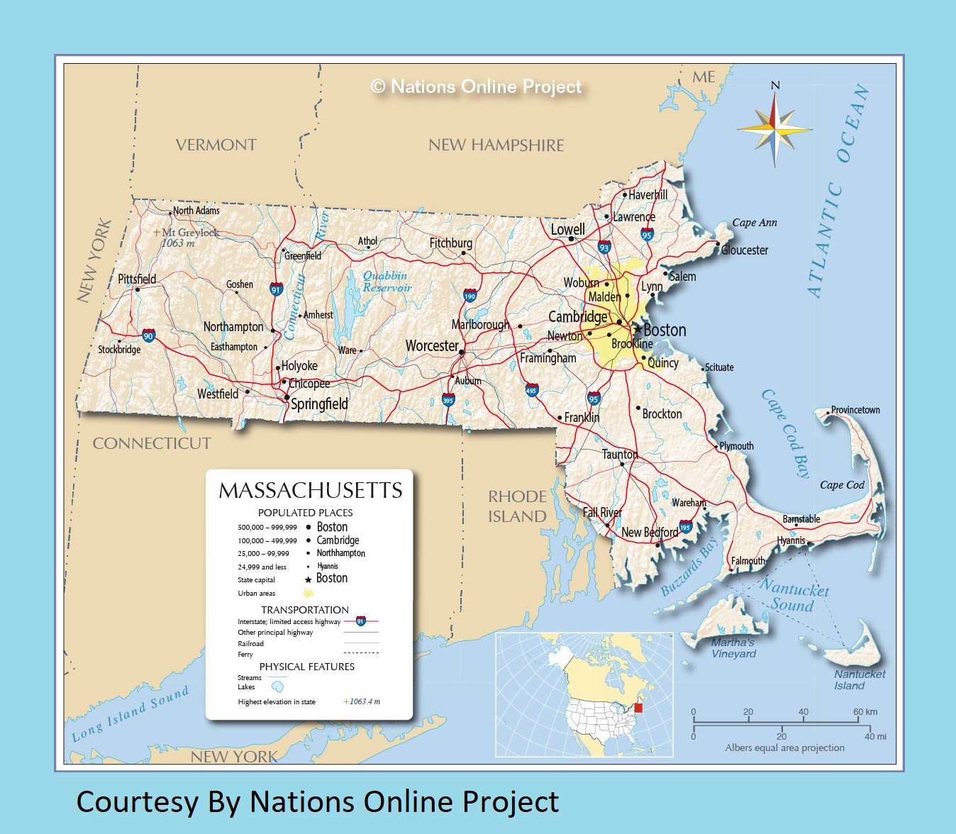 Massachusetts Transportation and physical map large printable
