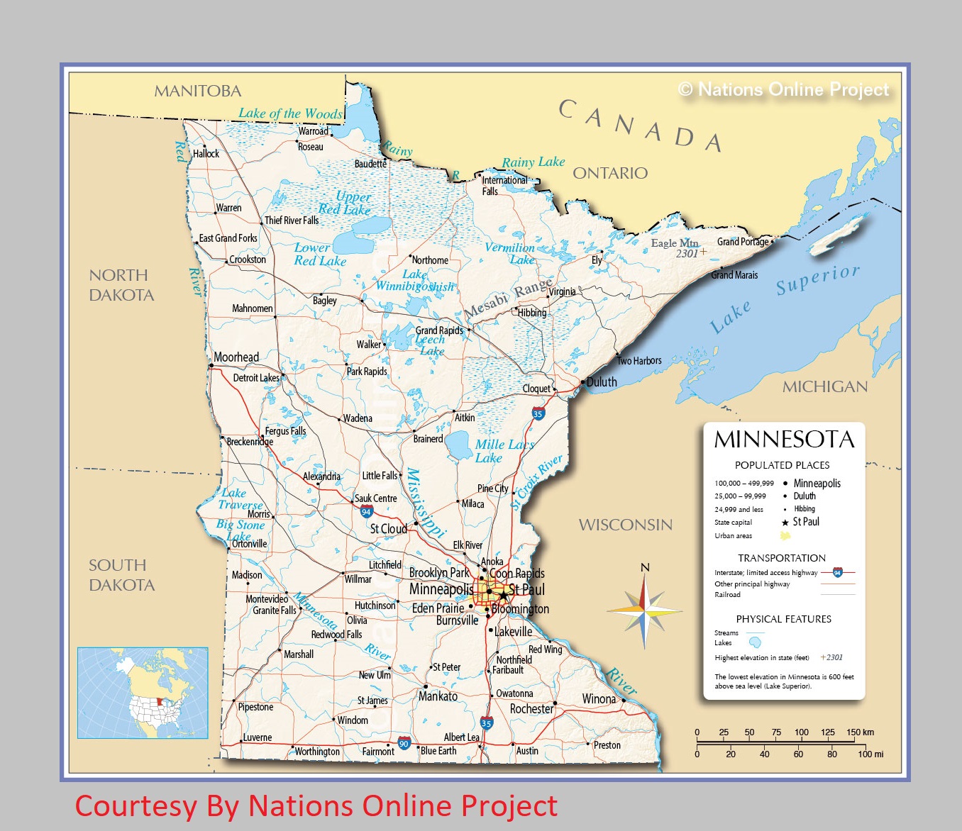 Minnesota Transportation and physical map large printable