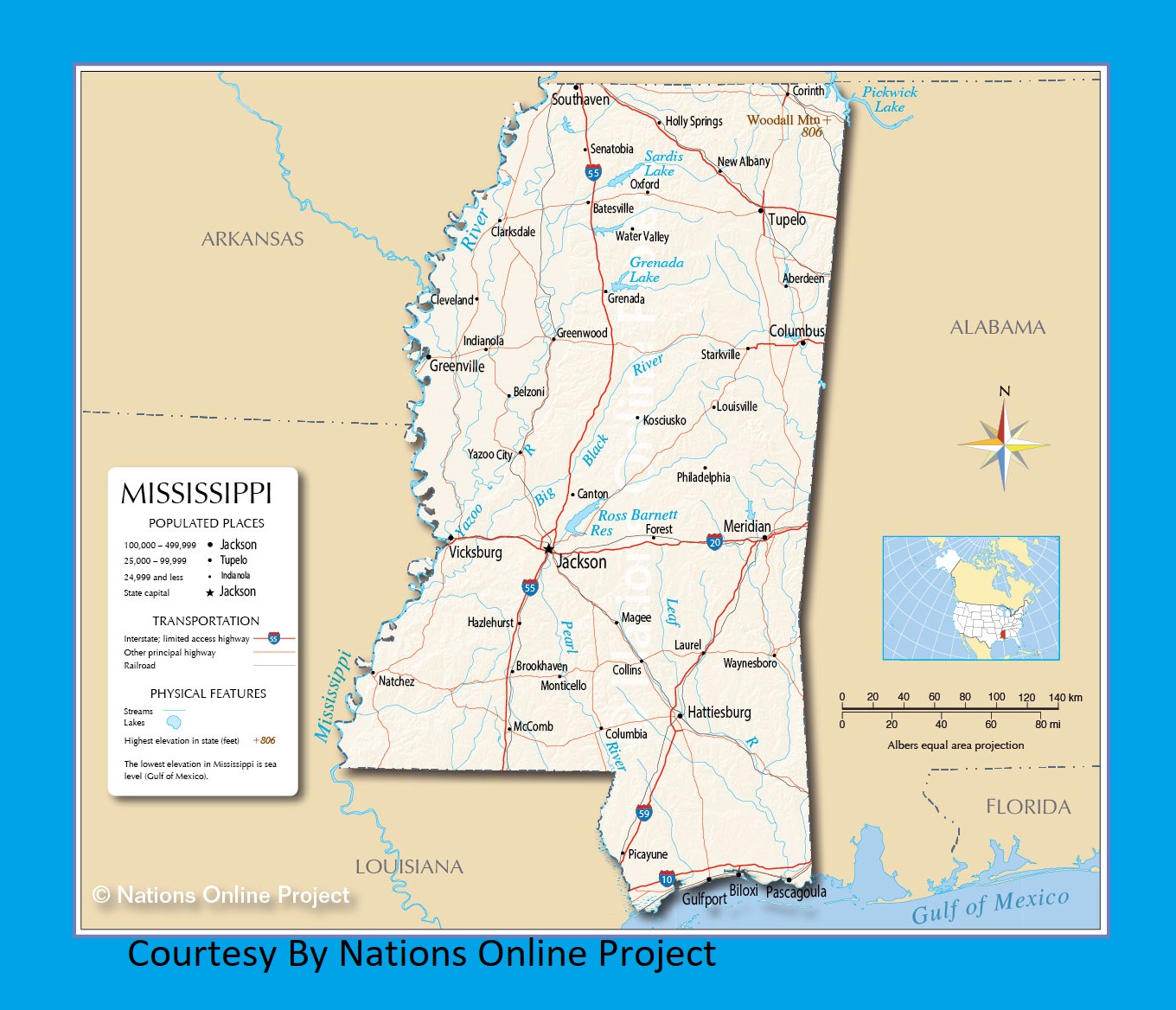 Mississippi Transportation and physical map large printable