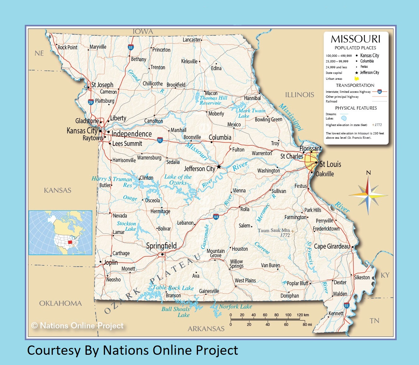 Missouri Transportation and physical map large printable