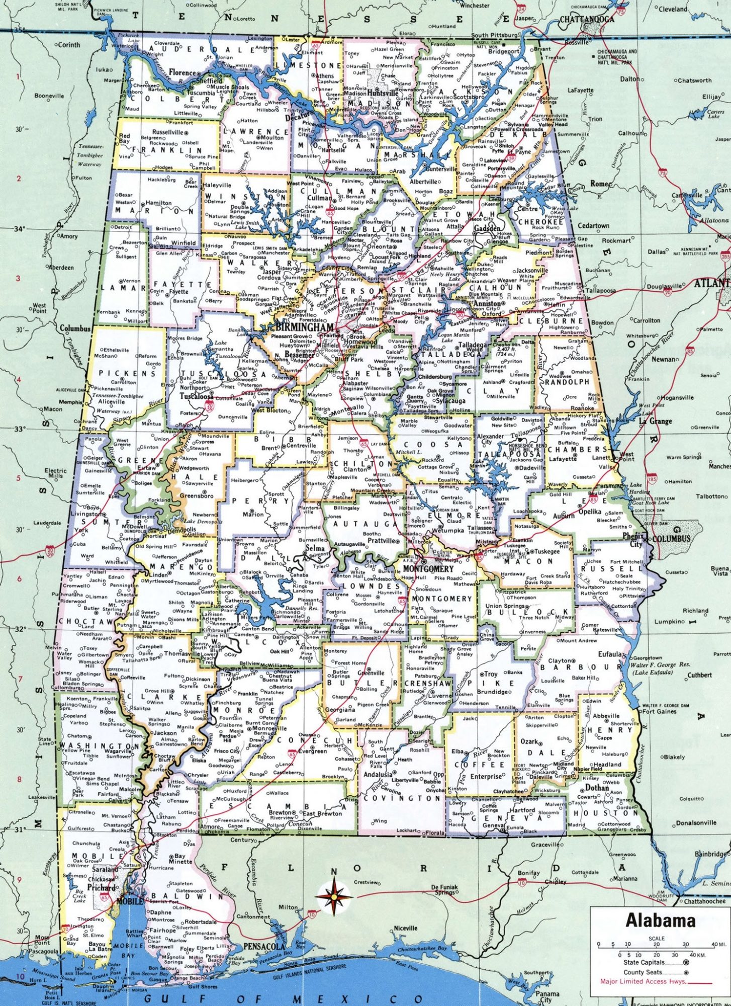 Alabama Large Political  Map   With Capital , City and River lake Large Printable