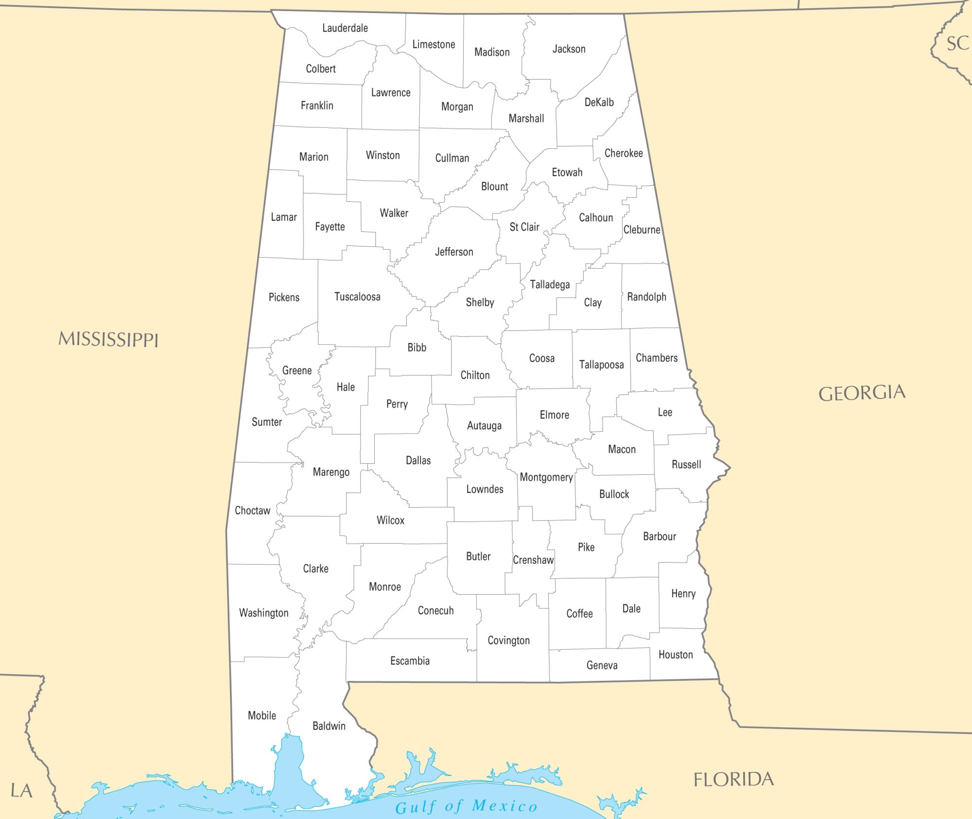 Alabama Outline County  Map |  Outline County  Map of Alabama Printable