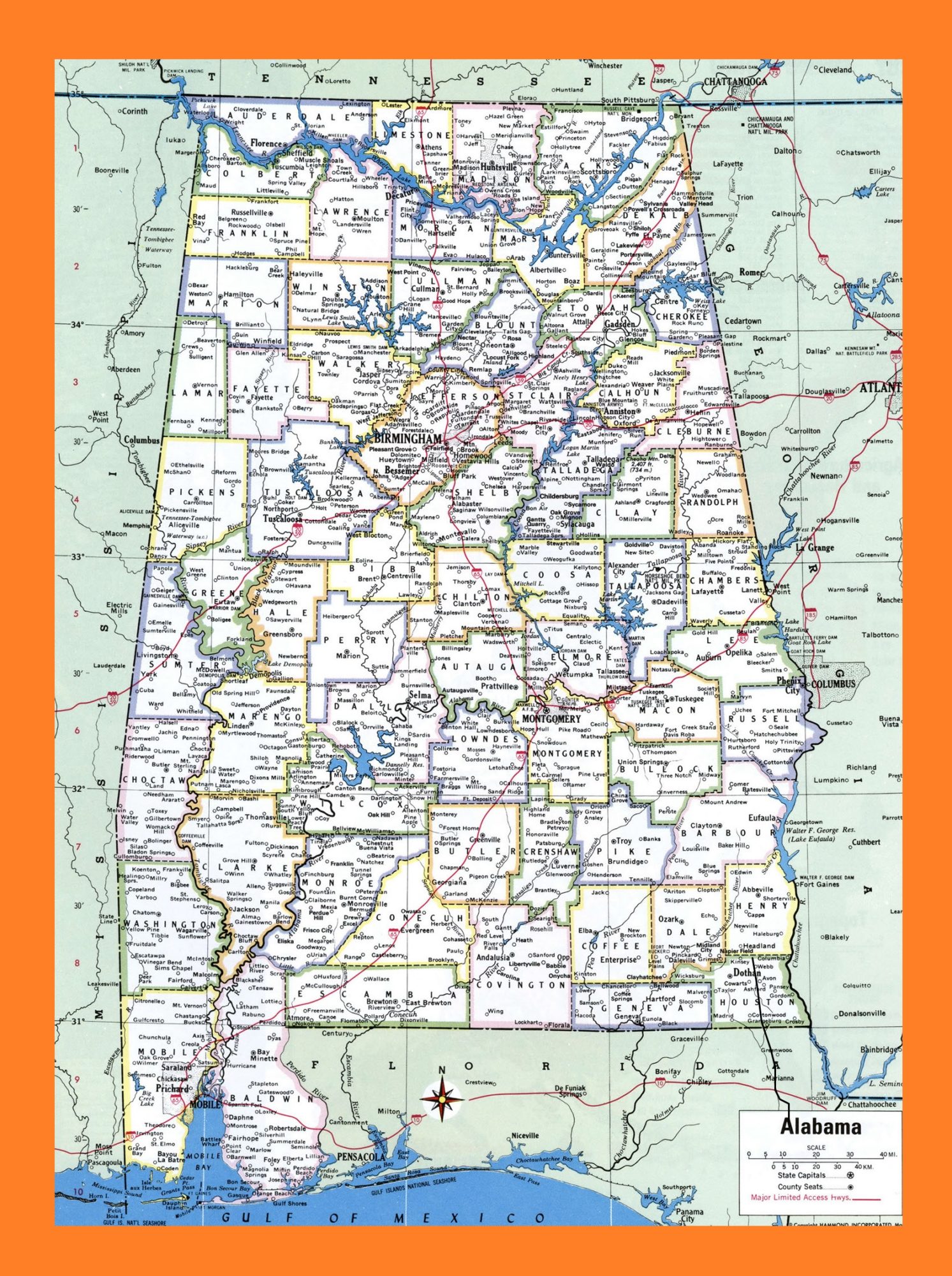 Alabama Political  Map   Political  Map of Alabama With Capital , city and River lake-3 Large Printable