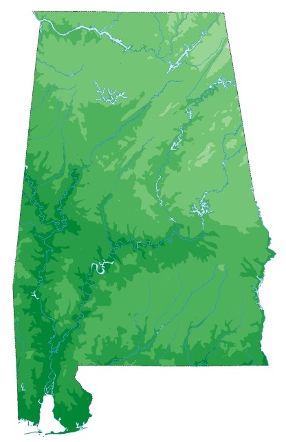 Alabama Static Topography  Map | Static  Topography  Map of Alabama Large