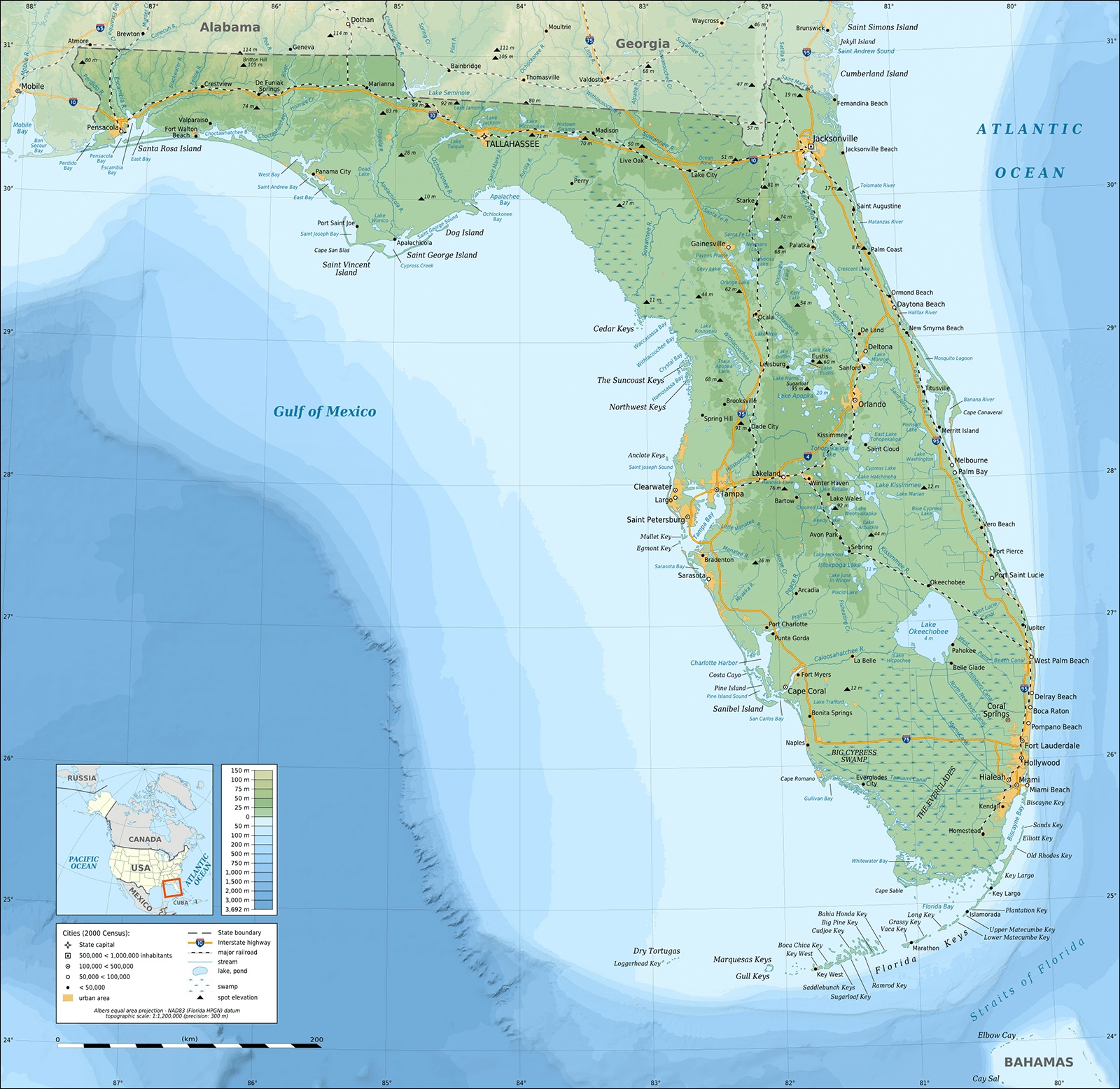 Physical Map of Florida | Large Printable, Standard Florida Map