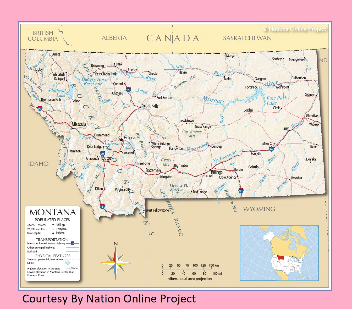 Montana Transportation and physical map large printable