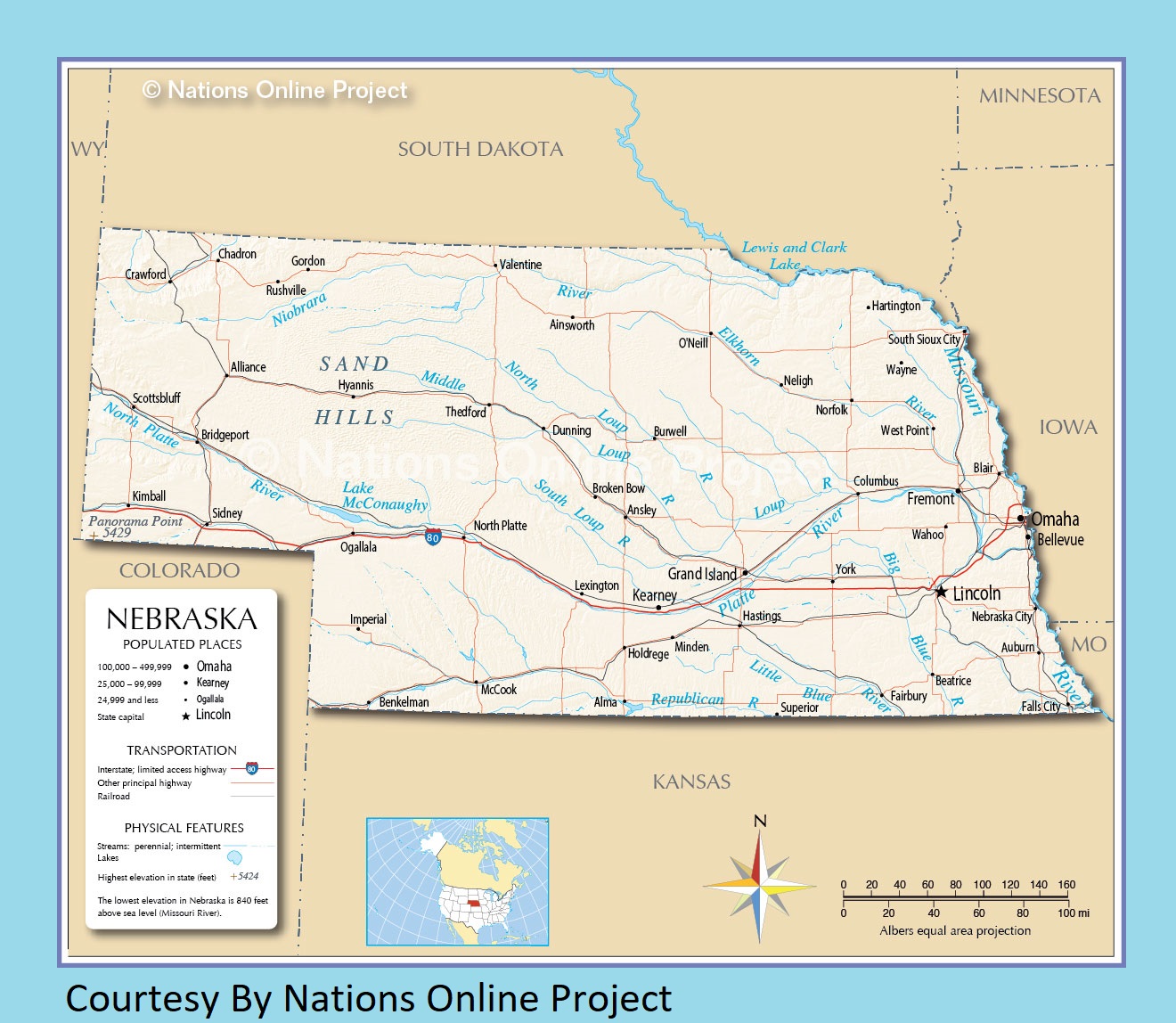 Nebraska Transportation and physical map large printable