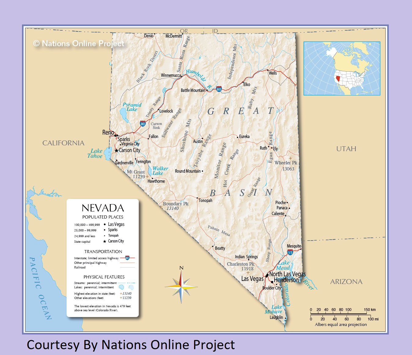 Nevada Transportation and physical map large printable