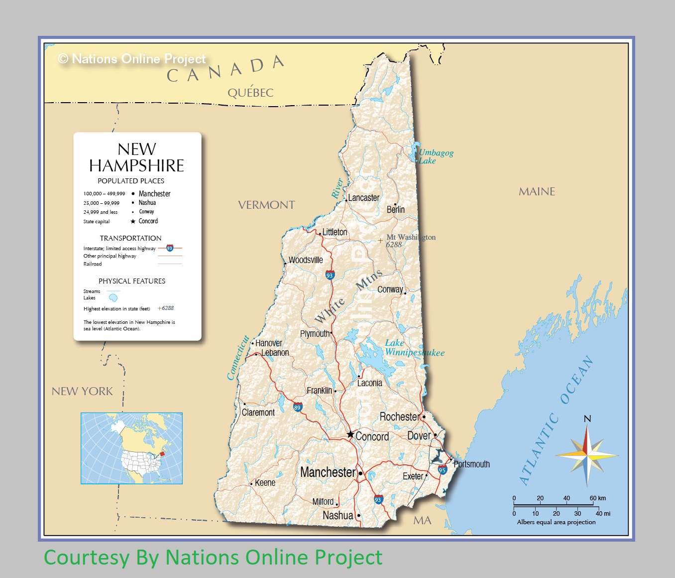 New Hampshire Transportation and physical map large printable