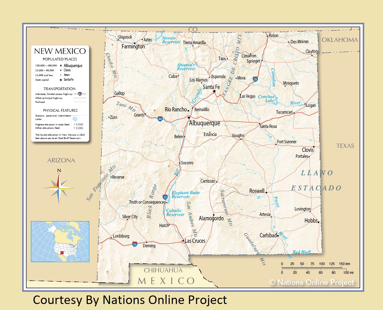 New Mexico Transportation and physical map large printable