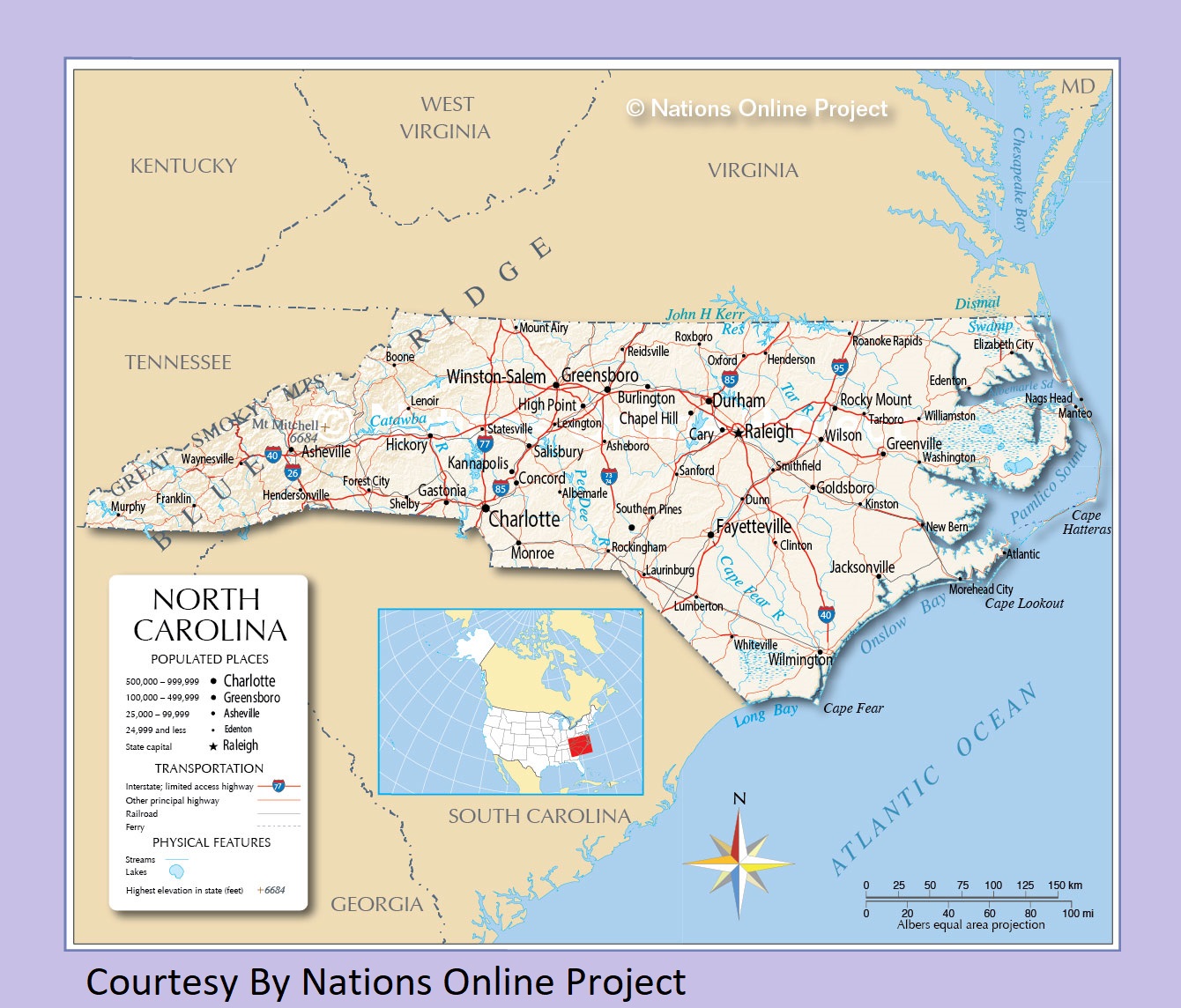 North Carolina Transportation and physical map large printable