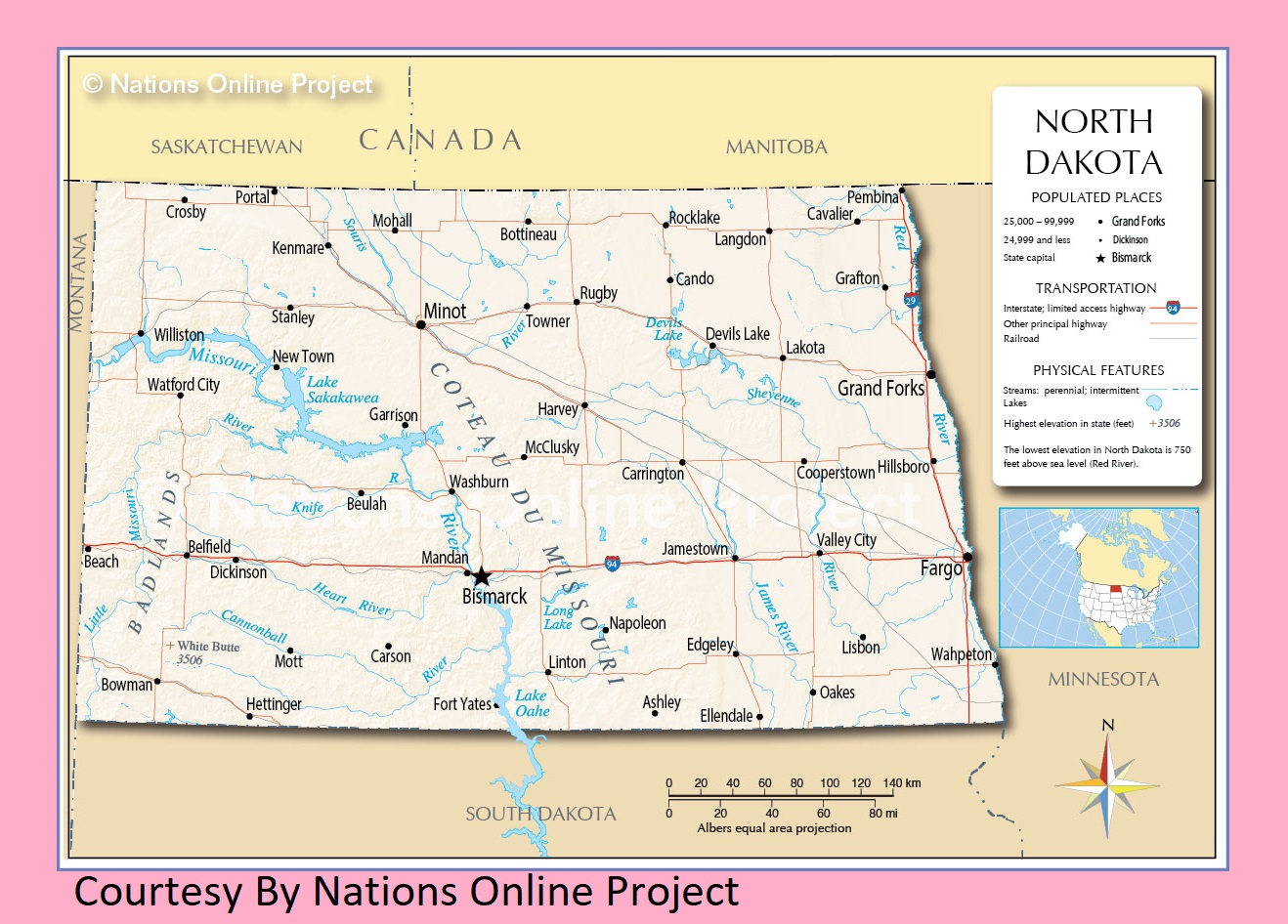 North Dakota Transportation and physical map large printable