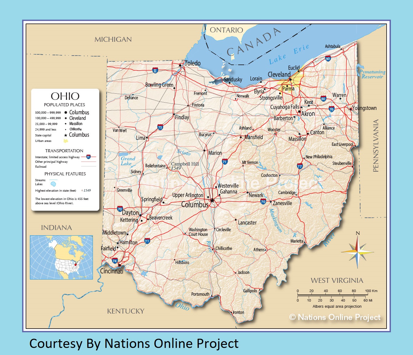 Ohio Transportation And Physical Map | Large Printable HD Map