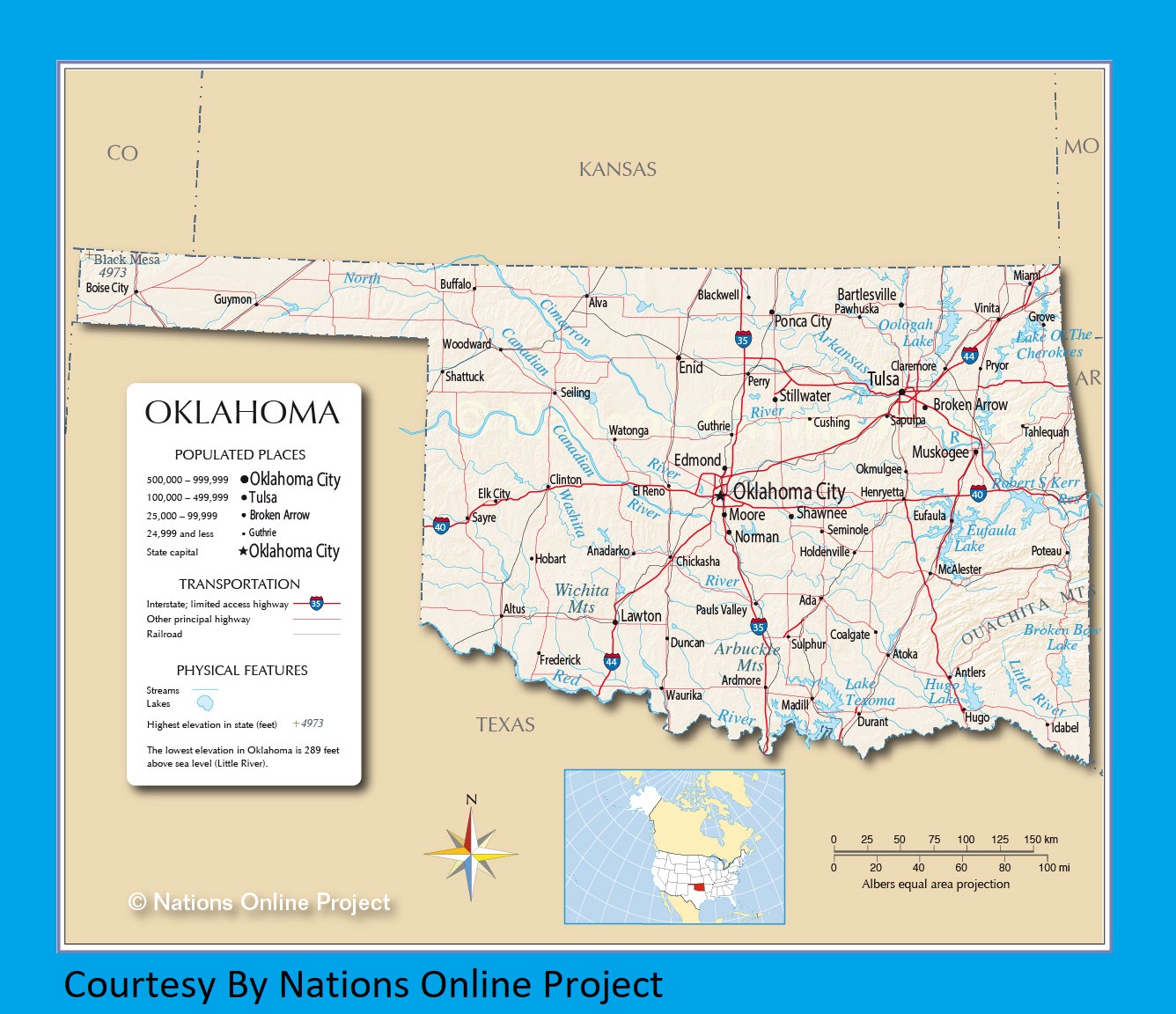Oklahoma Transportation And Physical Map | Large Printable HD Map