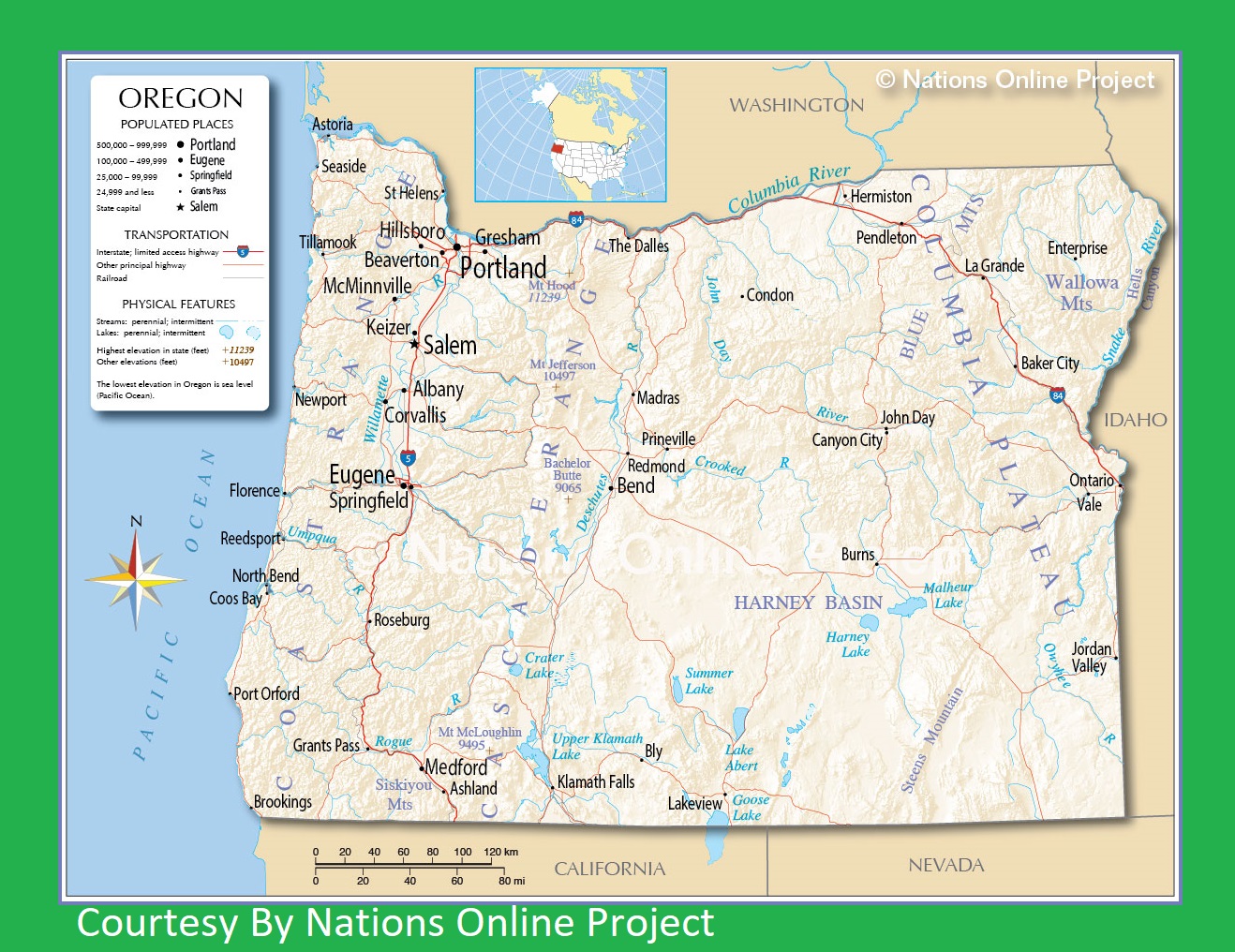 Oregon Transportation and physical map large printable