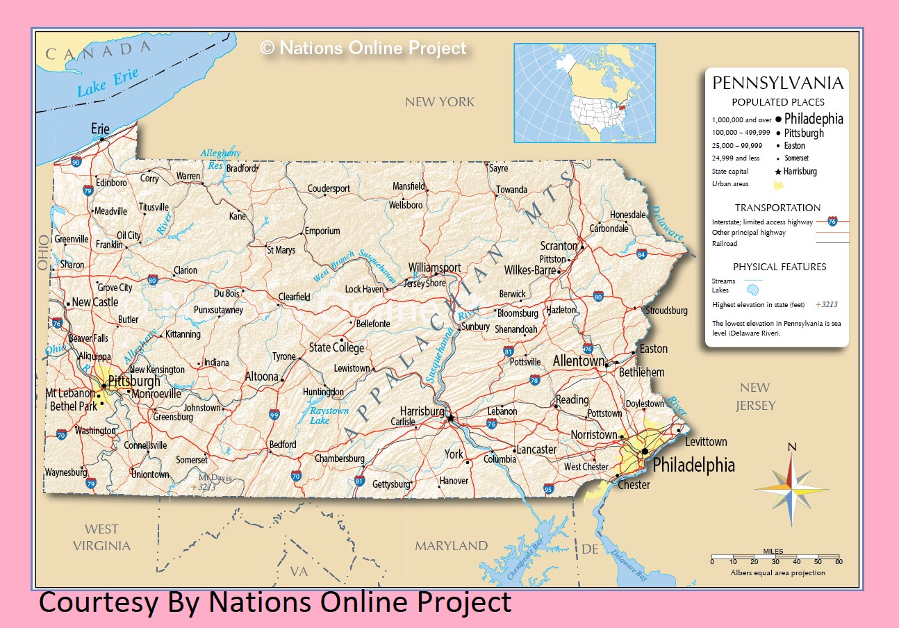 Pennsylvania Transportation And Physical Map | Large Printable Map