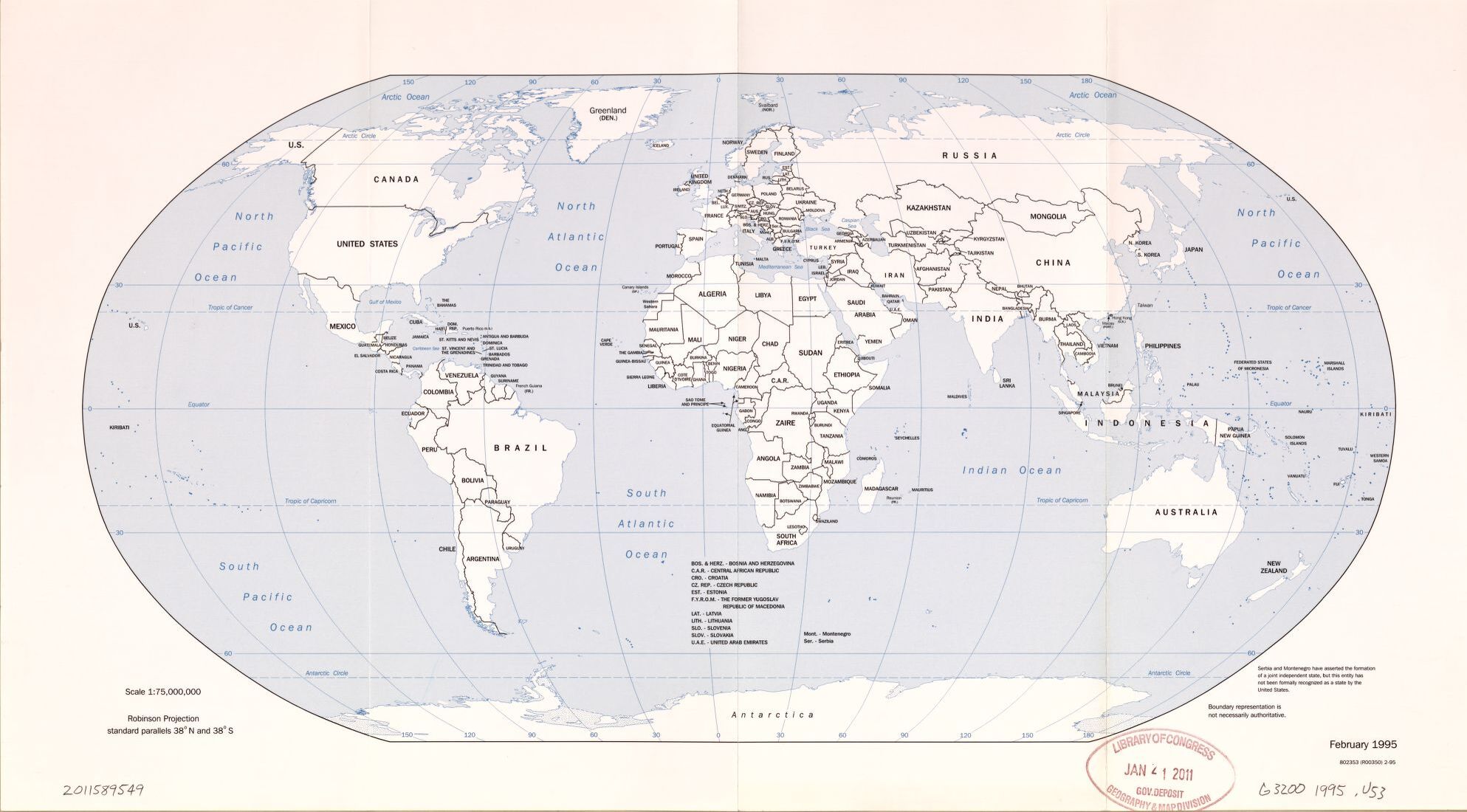 The World Political Map  | February 1995 | Large, Printable Downloadable Map