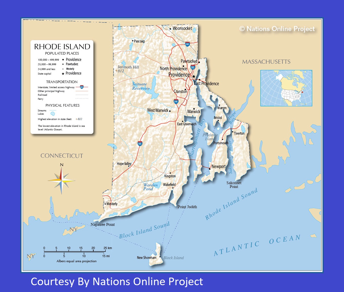 Rhode Island Transportation and physical map large printable
