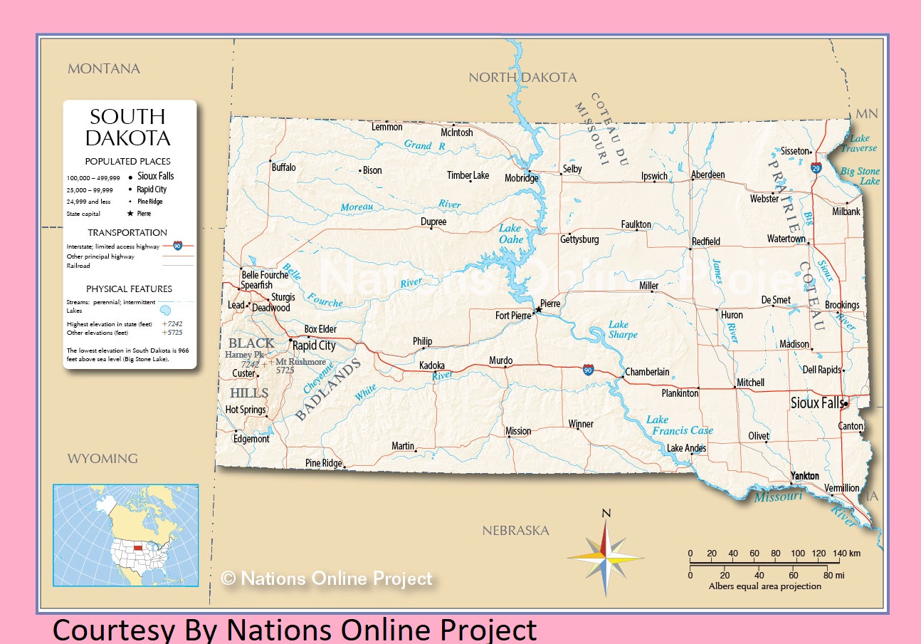 South Dakota Transportation and physical map large printable