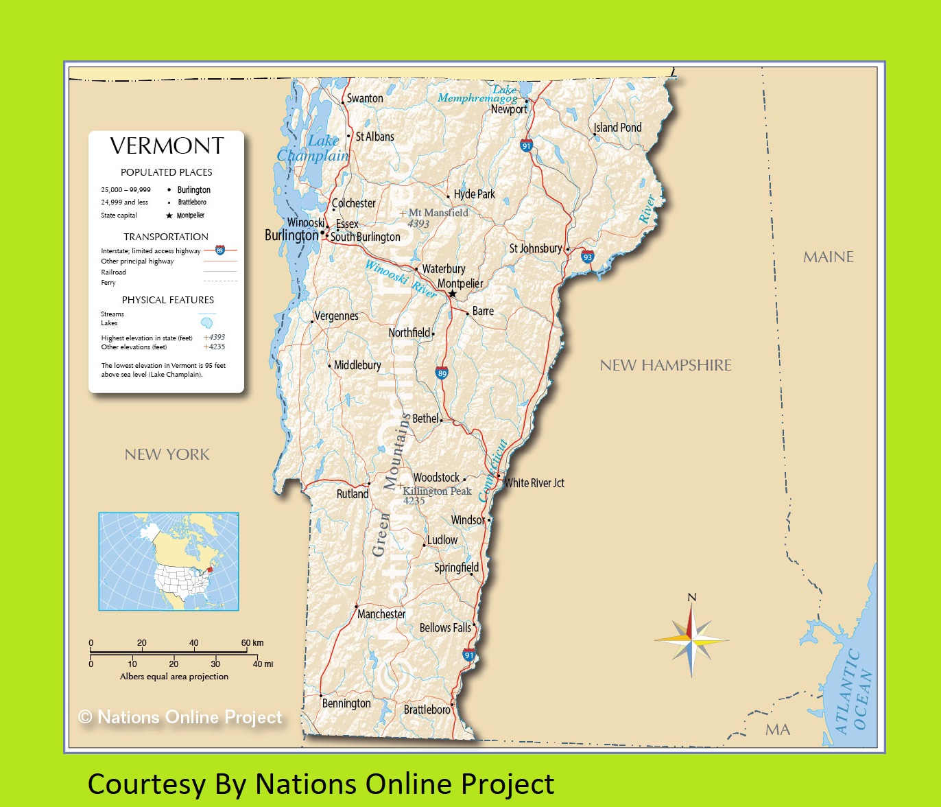 Vermont Transportation and physical map large printable