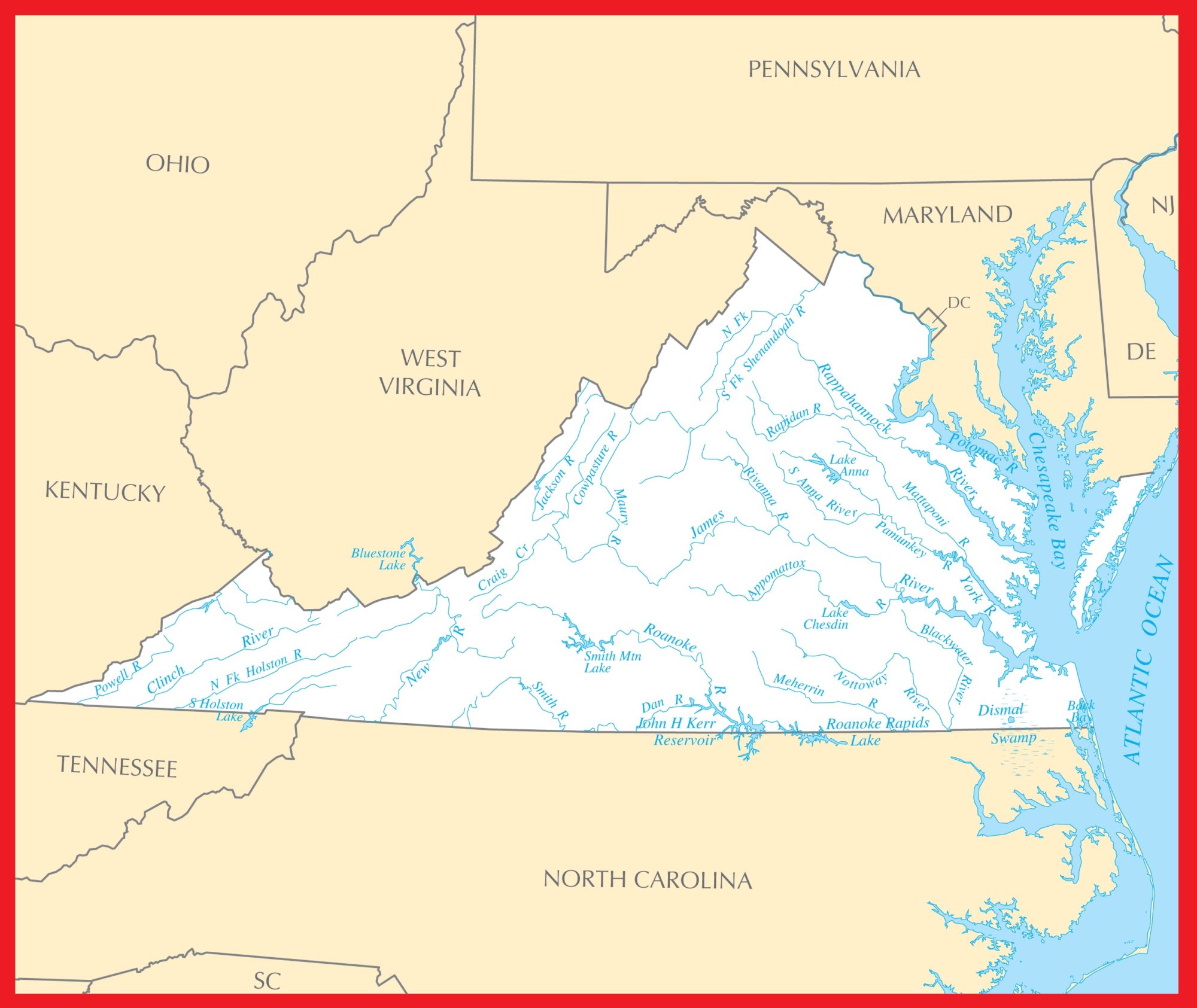 Virginia Rivers Map | Large Printable High Resolution and Standard Map