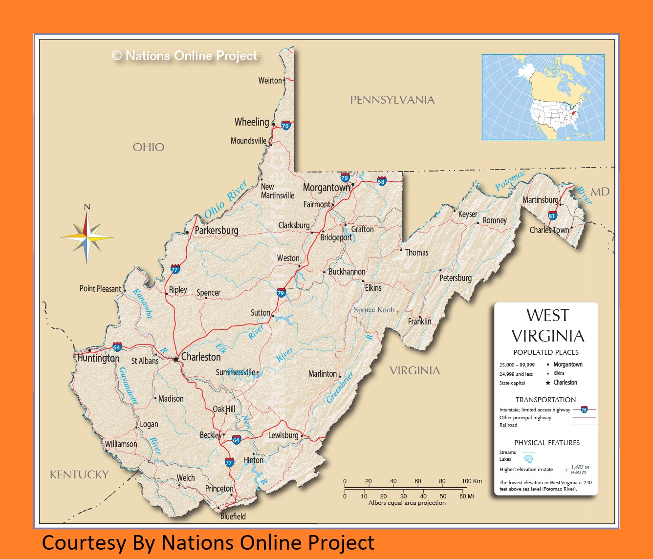 West Virginia Transportation and physical map large printable