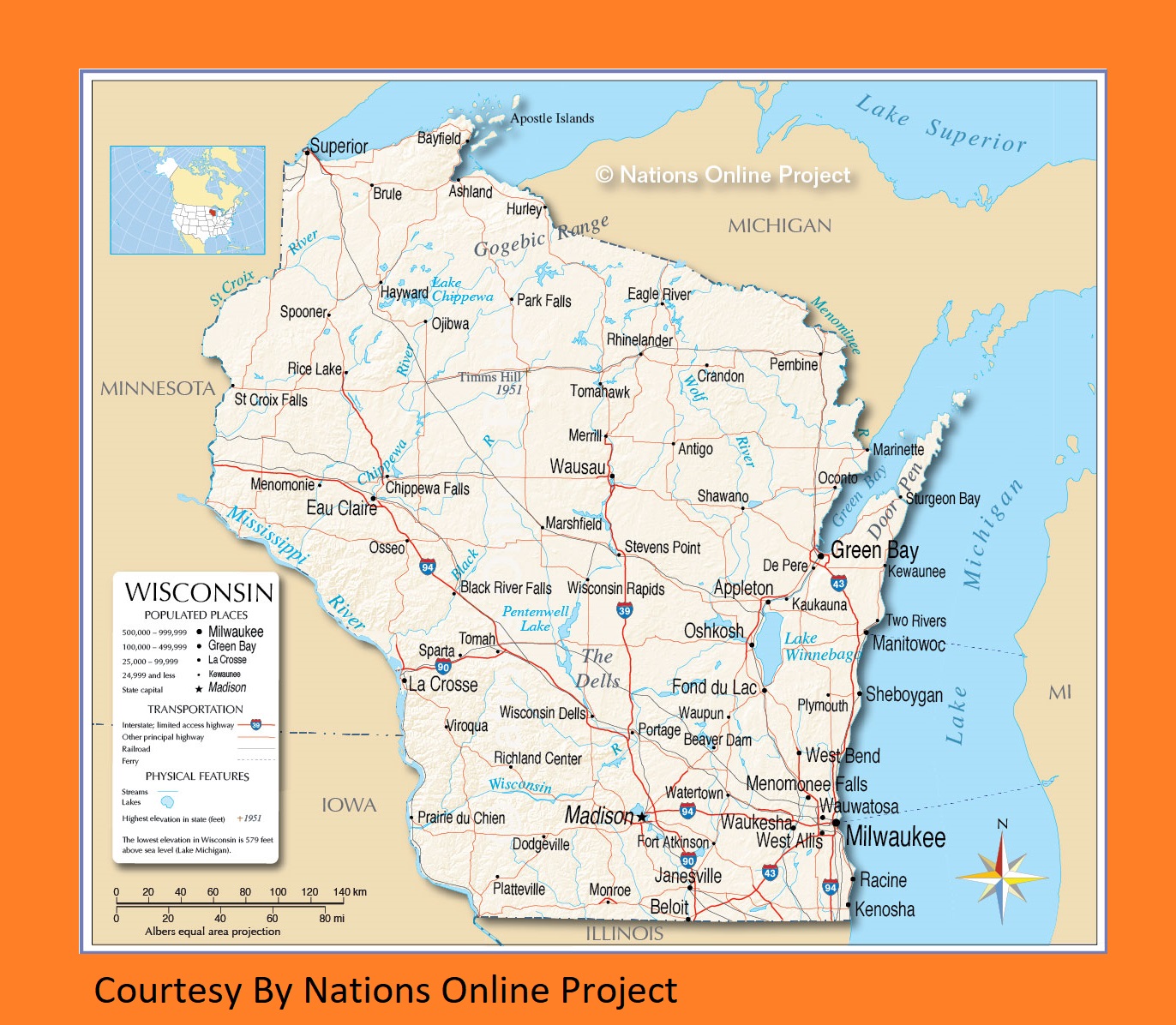 Wisconsin Transportation and physical map large printable