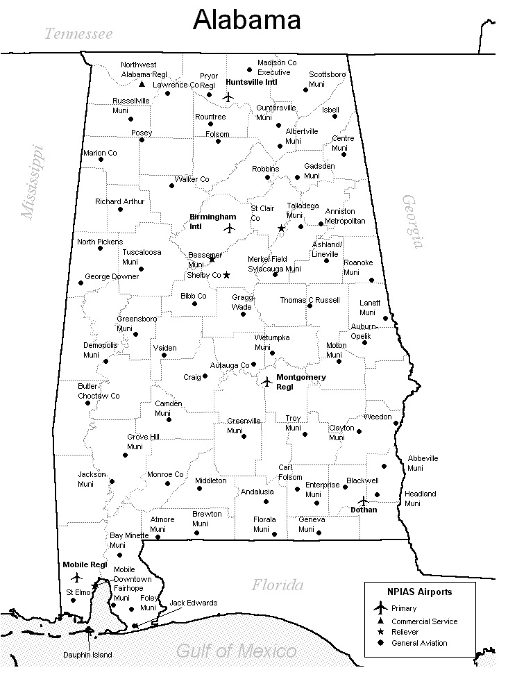 Alabama Blank Outline Airport Map | Blank Outline Airport Map of Alabama