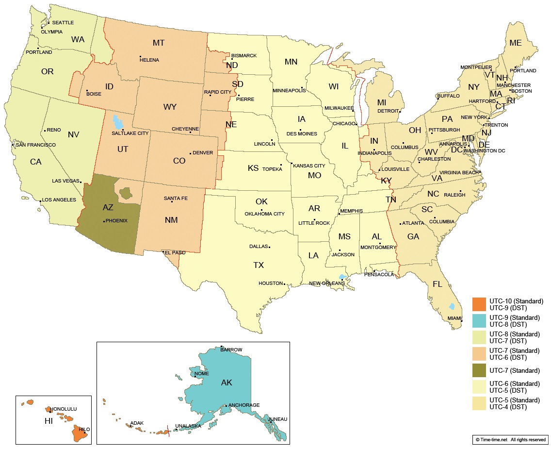 Vector Time Zone Map of USA with Capital and Cities