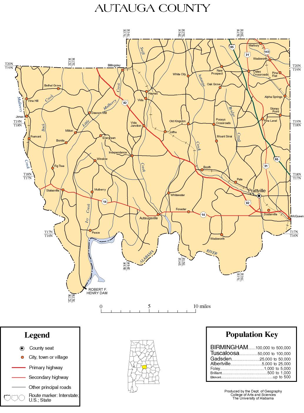 Autauga County Blank Color Road, County Seat, Urban & Rural Location Map |  Alabama State – Large, Printable Map