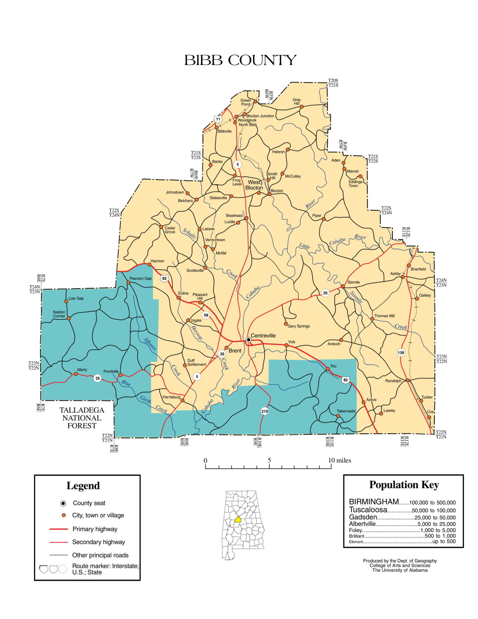 Bibb County Map |  Printable Gis Rivers map of Bibb Alabama