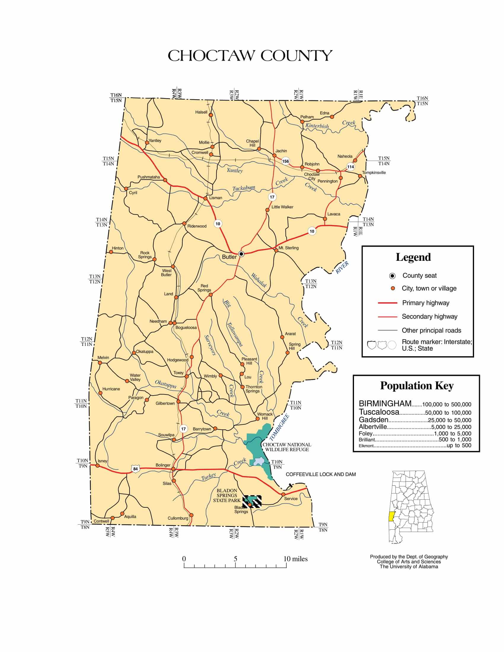 Choctaw County Map |  Printable Gis Rivers map of Choctaw Alabama