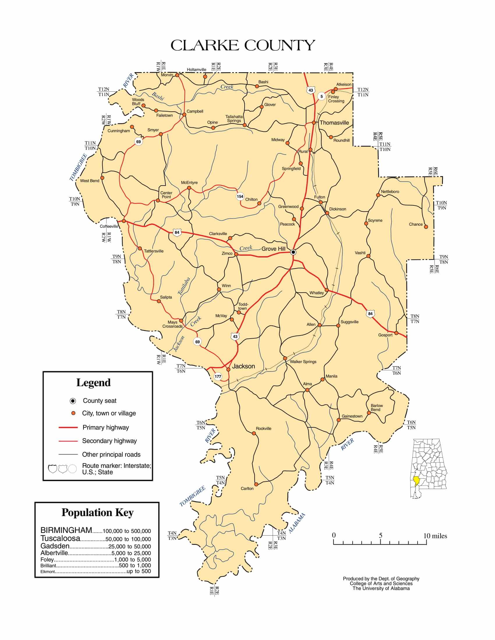 Clarke County Map |  Printable Gis Rivers map of Clarke Alabama
