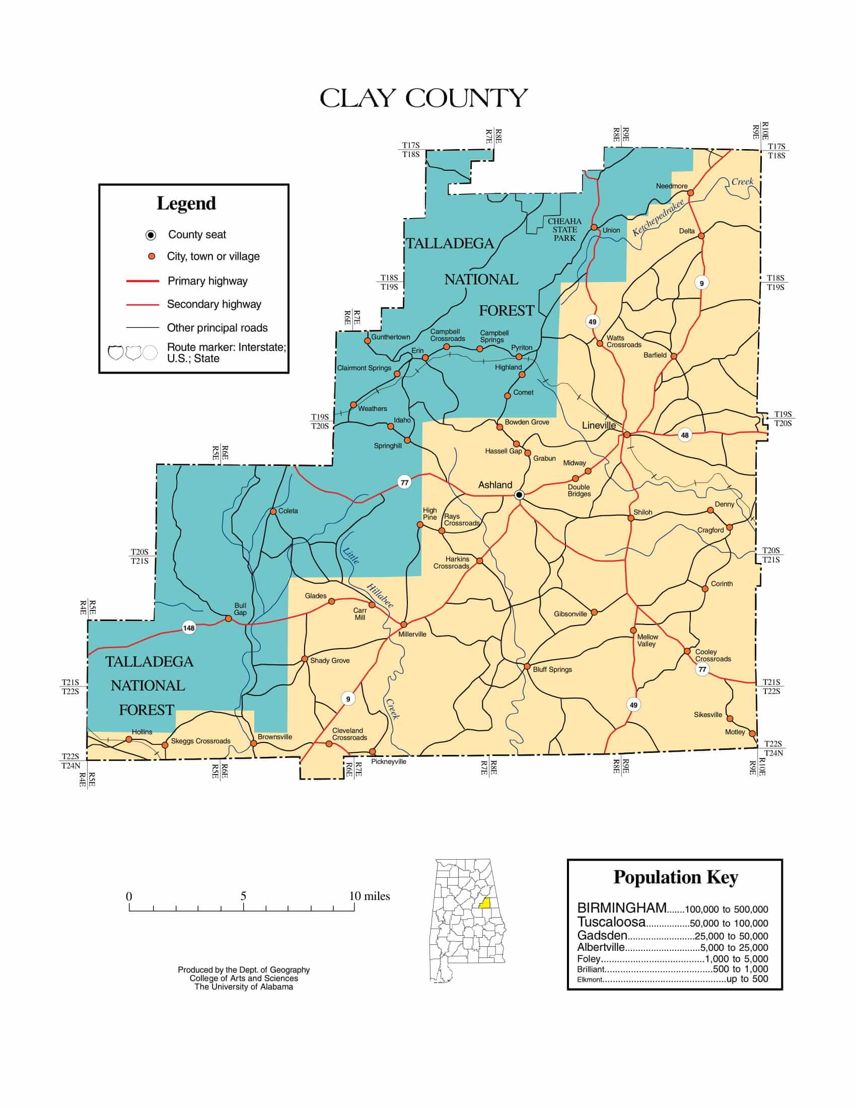 Clay County Map |  Printable Gis Rivers map of Clay Alabama