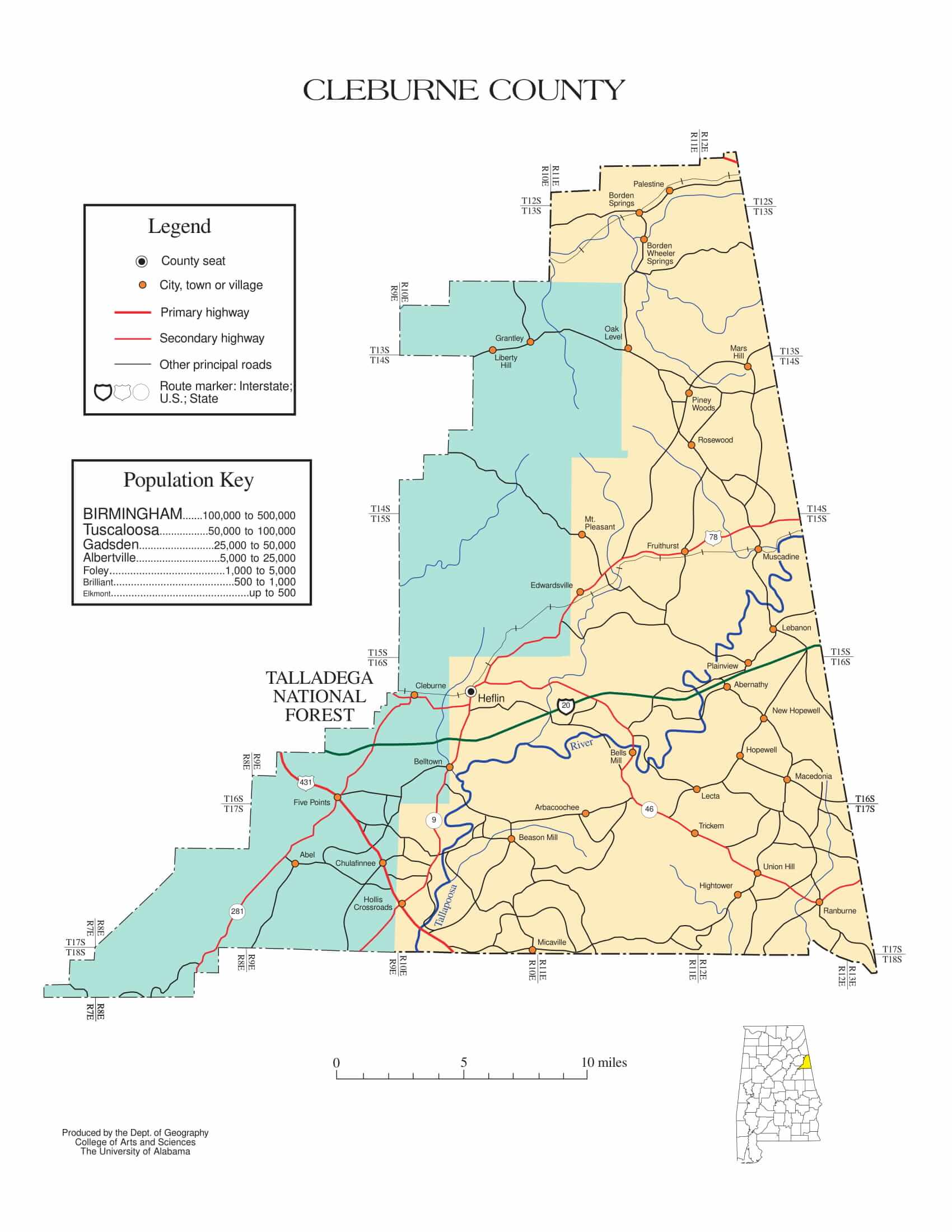 Cleburne County Map |  Printable Gis Rivers map of Cleburne Alabama