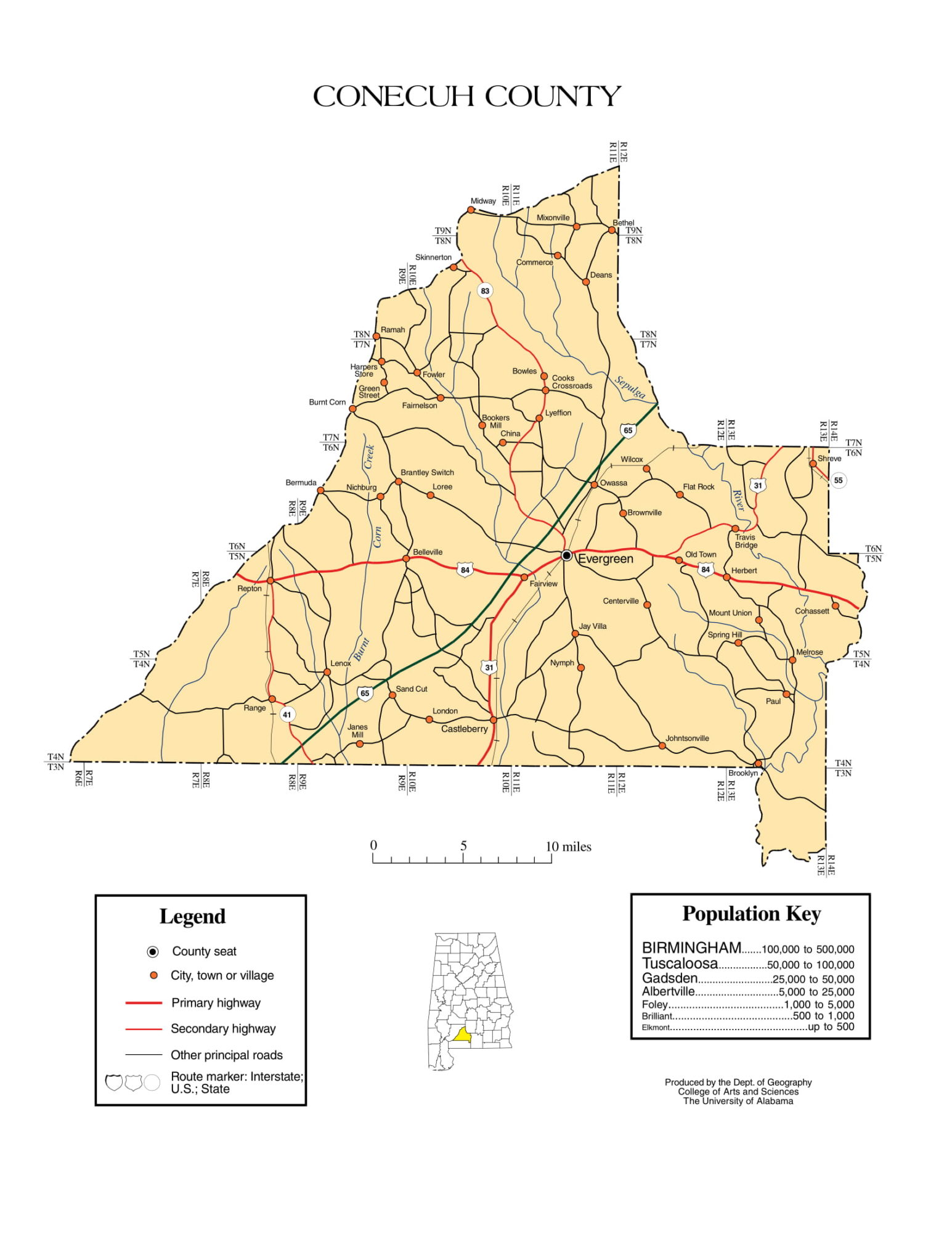 Conecuh County Map |  Printable Gis Rivers map of Conecuh Alabama