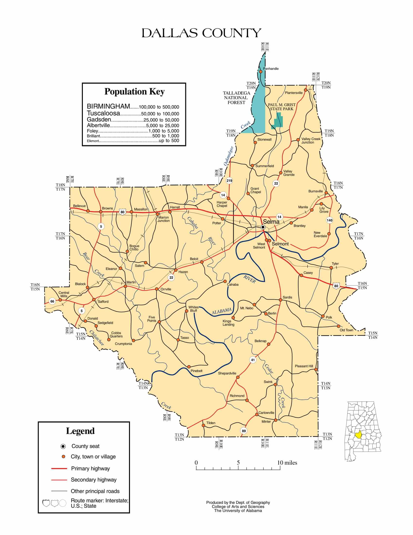 Dallas County Map |  Printable Gis Rivers map of Dallas Alabama