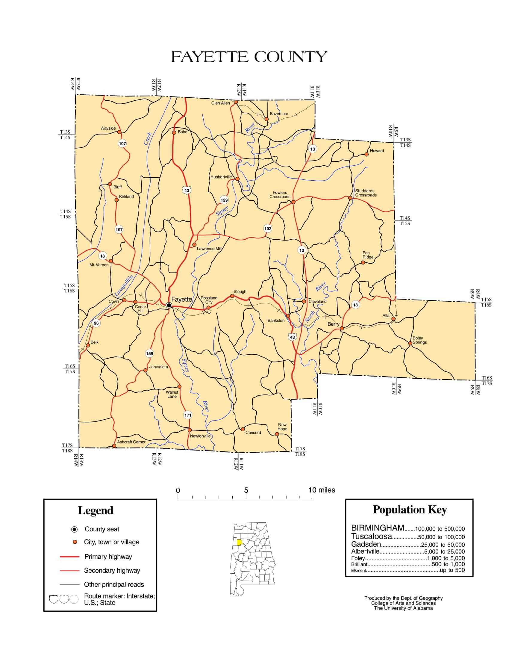 Fayette County Map |  Printable Gis Rivers map of Fayette Alabama